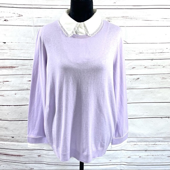 Talbots Lace Collar Pullover Sweater Purple Cotton/ Silk Trim Plus Size 1X - Picture 1 of 9